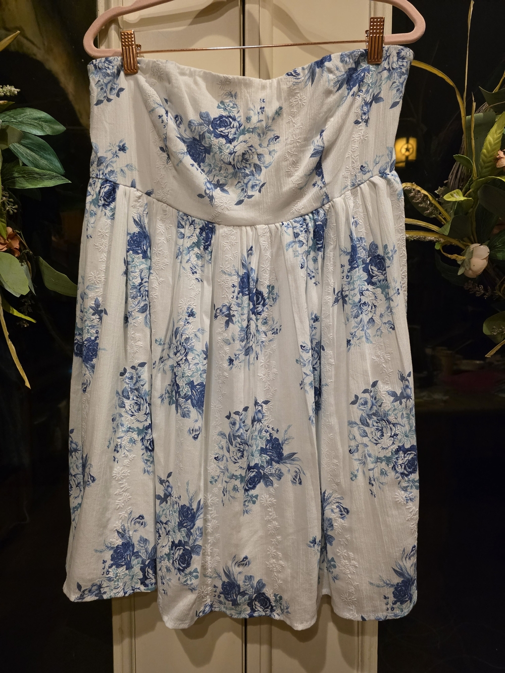 Altar'd State Ivory Blue Floral Strapless Mini Dress